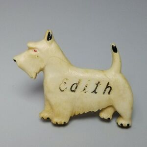 Vintage Edith Celluloid Scottie Dog Terrier Brooch, C Clasp, Black and White